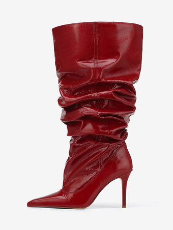 レッド レッド ミッドカーフブーツ レディース ポインテッドトゥ スティレットヒール スラウチブーツ