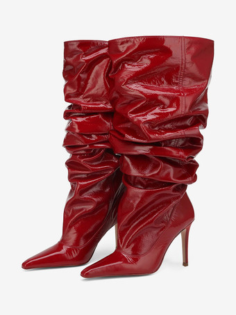 レッド ミッドカーフブーツ レディース ポインテッドトゥ スティレットヒール スラウチブーツ