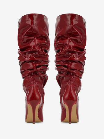 レッド ミッドカーフブーツ レディース ポインテッドトゥ スティレットヒール スラウチブーツ