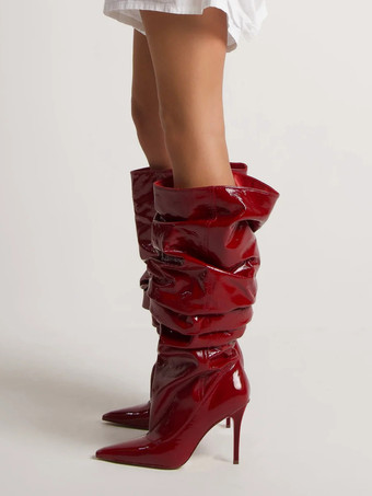 レッド ミッドカーフブーツ レディース ポインテッドトゥ スティレットヒール スラウチブーツ