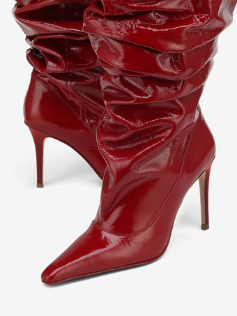 レッド ミッドカーフブーツ レディース ポインテッドトゥ スティレットヒール スラウチブーツ