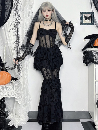 ブラック ハロウィン レディース ゴシック ドレス ブラック レース メッシュ ゴシック ポリエステル チュニック ロングドレス