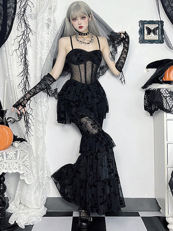 ハロウィン レディース ゴシック ドレス ブラック レース メッシュ ゴシック ポリエステル チュニック ロングドレス