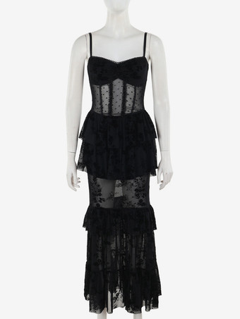 ハロウィン レディース ゴシック ドレス ブラック レース メッシュ ゴシック ポリエステル チュニック ロングドレス