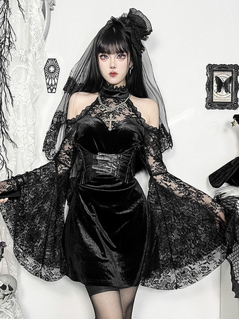 ブラック ハロウィン 女性用ゴシック服 ブラックレースフリルゴシックポリエステルチュニックレトロコスチューム