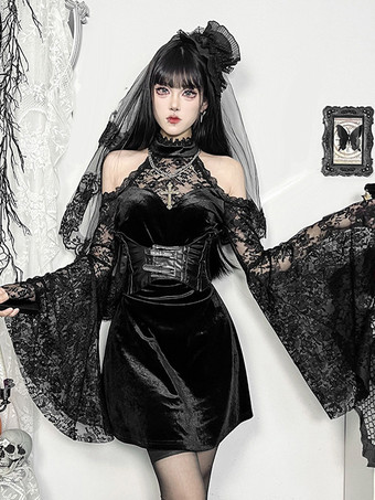 ハロウィン 女性用ゴシック服 ブラックレースフリルゴシックポリエステルチュニックレトロコスチューム