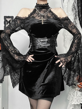 ハロウィン 女性用ゴシック服 ブラックレースフリルゴシックポリエステルチュニックレトロコスチューム