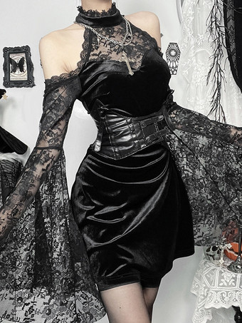 ハロウィン 女性用ゴシック服 ブラックレースフリルゴシックポリエステルチュニックレトロコスチューム