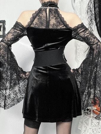 ハロウィン 女性用ゴシック服 ブラックレースフリルゴシックポリエステルチュニックレトロコスチューム