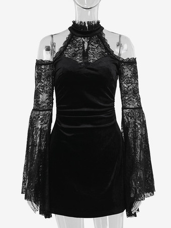 ハロウィン 女性用ゴシック服 ブラックレースフリルゴシックポリエステルチュニックレトロコスチューム