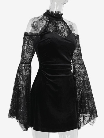 ハロウィン 女性用ゴシック服 ブラックレースフリルゴシックポリエステルチュニックレトロコスチューム