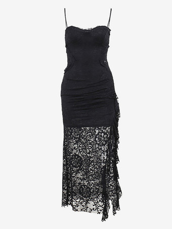 Halloween Abito lungo da donna in stile gotico con volant neri in pizzo in poliestere gotico