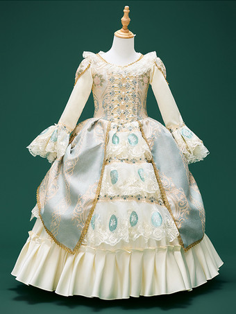 シャンパンレトロコスチュームパールポリエステルマリーアントワネットコスチューム花柄帽子女の子のレトロチュニックヴィンテージ服