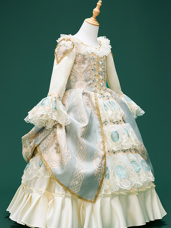 シャンパンレトロコスチュームパールポリエステルマリーアントワネットコスチューム花柄帽子女の子のレトロチュニックヴィンテージ服