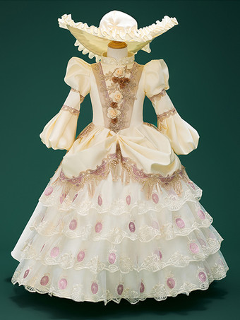 シャンパンカラーシャンパンレトロコスチューム 女の子用 花柄プリント レースフラワー ポリエステルチュニック マリーアントワネットコスチューム ドレス 帽子 ユーロスタイル