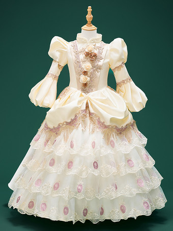 シャンパンレトロコスチューム 女の子用 花柄プリント レースフラワー ポリエステルチュニック マリーアントワネットコスチューム ドレス 帽子 ユーロスタイル