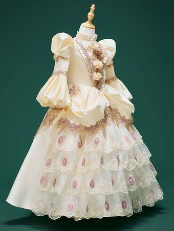 シャンパンレトロコスチューム 女の子用 花柄プリント レースフラワー ポリエステルチュニック マリーアントワネットコスチューム ドレス 帽子 ユーロスタイル