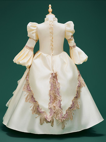 シャンパンレトロコスチューム 女の子用 花柄プリント レースフラワー ポリエステルチュニック マリーアントワネットコスチューム ドレス 帽子 ユーロスタイル