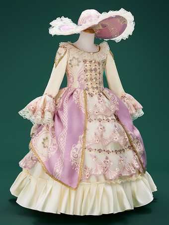 ピンクのレトロコスチューム レース ポリエステル 花柄 ドレス 女の子用 マリーアントワネット コスチューム レトロ チュニック パーティー プロム ドレス