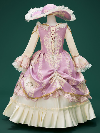 ピンクのレトロコスチューム レース ポリエステル 花柄 ドレス 女の子用 マリーアントワネット コスチューム レトロ チュニック パーティー プロム ドレス