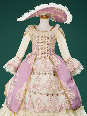 ピンクのレトロコスチューム レース ポリエステル 花柄 ドレス 女の子用 マリーアントワネット コスチューム レトロ チュニック パーティー プロム ドレス