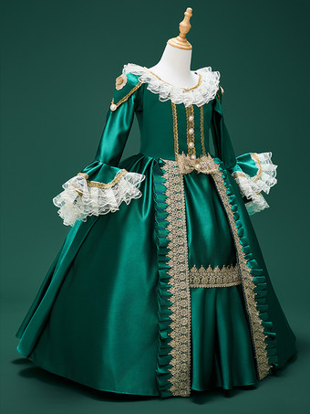 ダークグリーンのレトロコスチューム レースポリエステル マリーアントワネットコスチュームドレス 女の子のレトロチュニック 仮面舞踏会ドレス