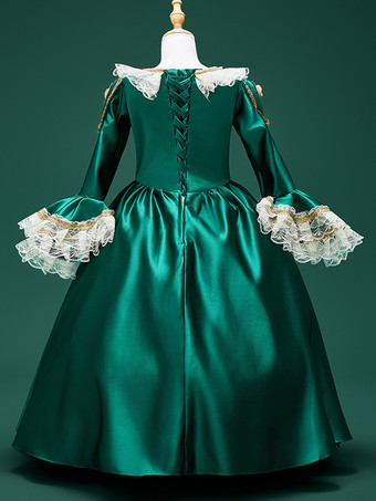 ダークグリーンのレトロコスチューム レースポリエステル マリーアントワネットコスチュームドレス 女の子のレトロチュニック 仮面舞踏会ドレス