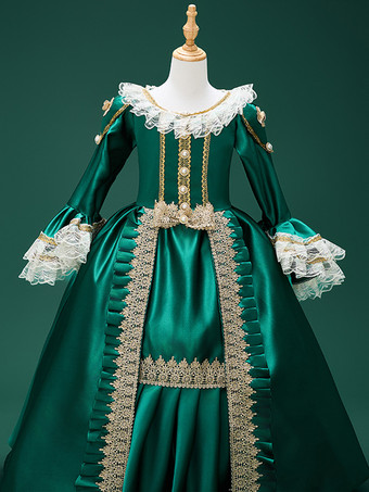 ダークグリーンのレトロコスチューム レースポリエステル マリーアントワネットコスチュームドレス 女の子のレトロチュニック 仮面舞踏会ドレス