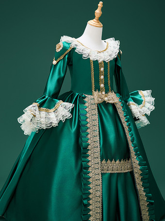 ダークグリーンのレトロコスチューム レースポリエステル マリーアントワネットコスチュームドレス 女の子のレトロチュニック 仮面舞踏会ドレス