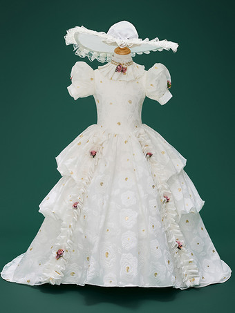 ホワイト ホワイトレトロコスチューム 女の子用ジャカード花フリル マリーアントワネットコスチューム ポリエステルチュニック 帽子ドレス ユーロスタイル 18世紀コスチューム