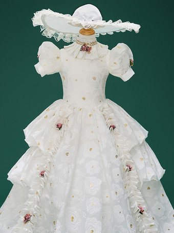 ホワイトレトロコスチューム 女の子用ジャカード花フリル マリーアントワネットコスチューム ポリエステルチュニック 帽子ドレス ユーロスタイル 18世紀コスチューム