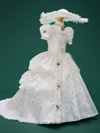 ホワイトレトロコスチューム 女の子用ジャカード花フリル マリーアントワネットコスチューム ポリエステルチュニック 帽子ドレス ユーロスタイル 18世紀コスチューム