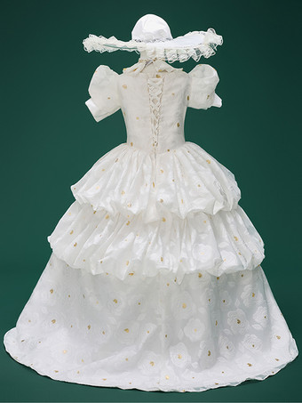 ホワイトレトロコスチューム 女の子用ジャカード花フリル マリーアントワネットコスチューム ポリエステルチュニック 帽子ドレス ユーロスタイル 18世紀コスチューム