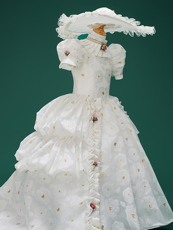 ホワイトレトロコスチューム 女の子用ジャカード花フリル マリーアントワネットコスチューム ポリエステルチュニック 帽子ドレス ユーロスタイル 18世紀コスチューム