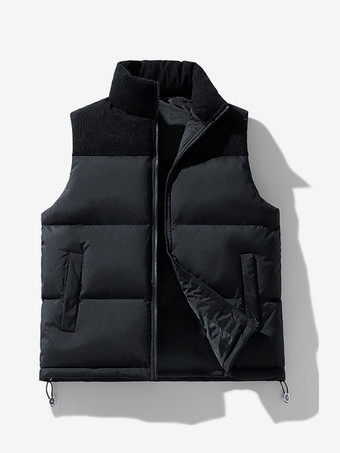 ブラック メンズ パファーベスト アウトドア スタンドカラー ノースリーブ パッド入りベスト コート