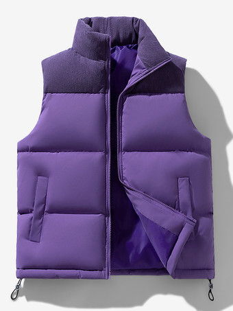 パープル メンズ パファーベスト アウトドア スタンドカラー ノースリーブ パッド入りベスト コート