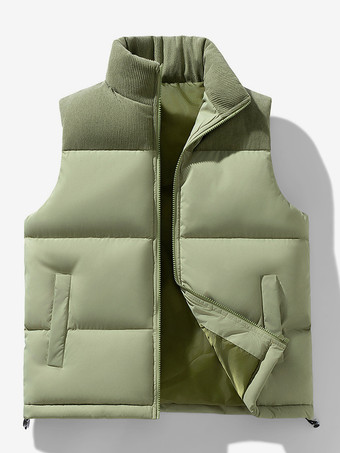 セージグリーンメンズ パファーベスト アウトドア スタンドカラー ノースリーブ パッド入りベスト コート