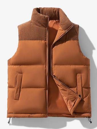 薄栗色メンズ パファーベスト アウトドア スタンドカラー ノースリーブ パッド入りベスト コート