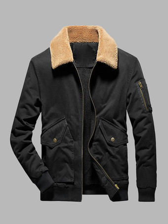 ブラック メンズ フリース 厚手 暖かいジャケット ミリタリー トラッカー ジャケット マルチポケット付き