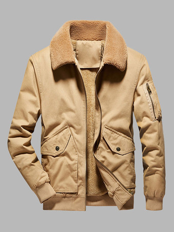 カーキ メンズ フリース 厚手 暖かいジャケット ミリタリー トラッカー ジャケット マルチポケット付き