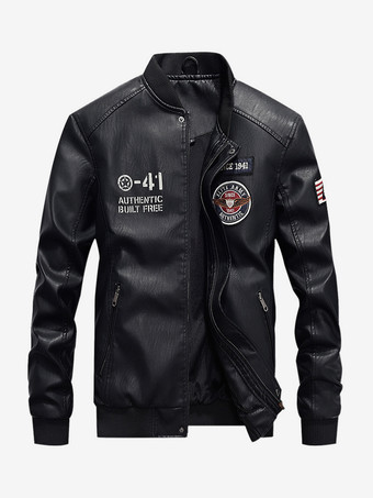 ブラック メンズレザージャケット スタンドカラー モーターサイクルボンバージャケット ジップとライナー付き