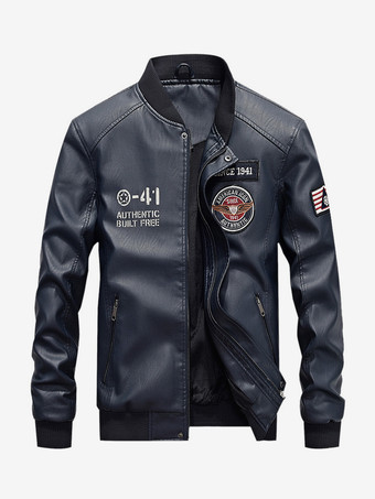 ダークネイビーメンズレザージャケット スタンドカラー モーターサイクルボンバージャケット ジップとライナー付き