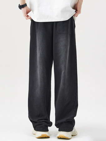 メンズ コットン ウォッシュ加工 ダメージ加工 ワイドレッグパンツ ドローストリング カジュアル ストレートレッグ トラウザーズ