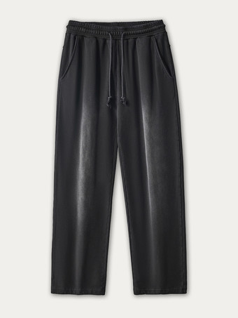 ブラック メンズ コットン ウォッシュ加工 ダメージ加工 ワイドレッグパンツ ドローストリング カジュアル ストレートレッグ トラウザーズ