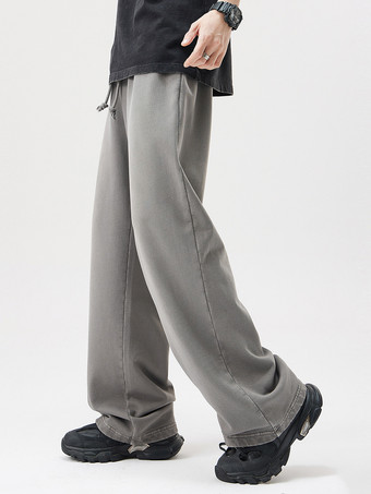 メンズ コットン ウォッシュ加工 ダメージ加工 ワイドレッグパンツ ドローストリング カジュアル ストレートレッグ トラウザーズ