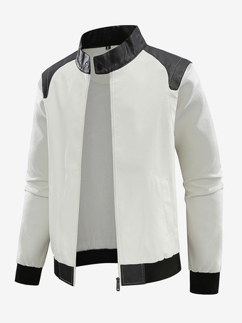 ホワイト メンズ ベースボールジャケット 長袖 ジップ開閉 カラーブロック レザージャケット