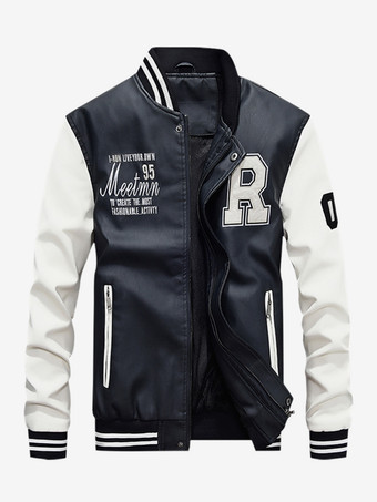 ホワイト＋ブラックメンズレザージャケット カラーブロック 長袖 ジッパー ボンバージャケット