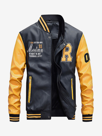 イエローメンズレザージャケット カラーブロック 長袖 ジッパー ボンバージャケット