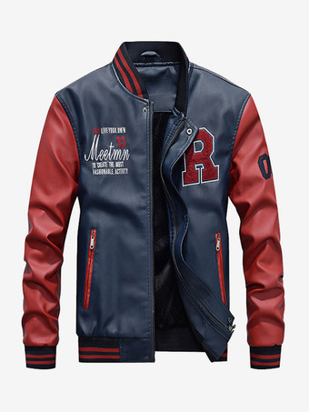 ダークネイビーメンズレザージャケット カラーブロック 長袖 ジッパー ボンバージャケット