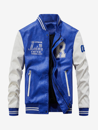 ブルー メンズレザージャケット カラーブロック 長袖 ジッパー ボンバージャケット